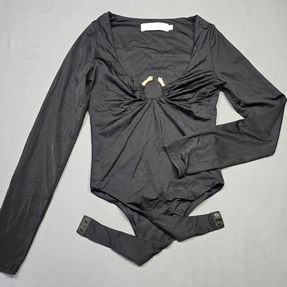 Lizette Collection Black Bodysuit Thong Intimates Stretch Jeweled Women's Size S